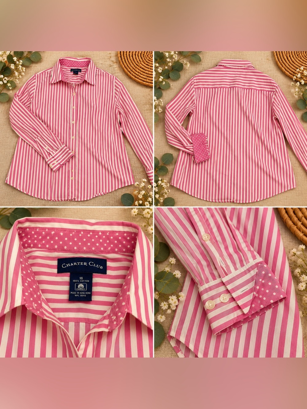 Charter Club Striped Cotton Button Down Pink White Size 16
